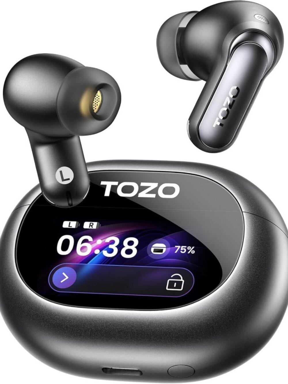 Active Noise Cancelling Wireless Earbuds with Smart LCD Screen, Bluetooth 5.0